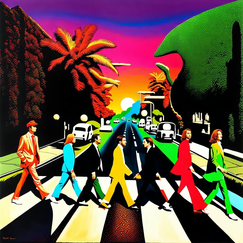 Surreal Desert Scene: Planets, Jungle, and Famous Roads