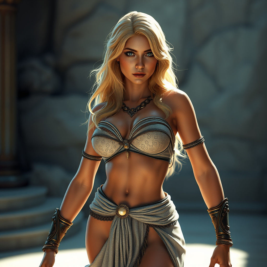 Blonde Woman in Greek Goddess Attire: 3D Game Cinematic