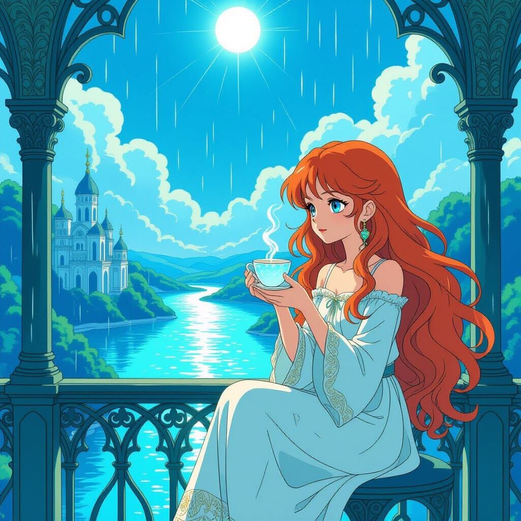 Girl on Balcony Overlooking Mystical River, in Art Nouveau S...