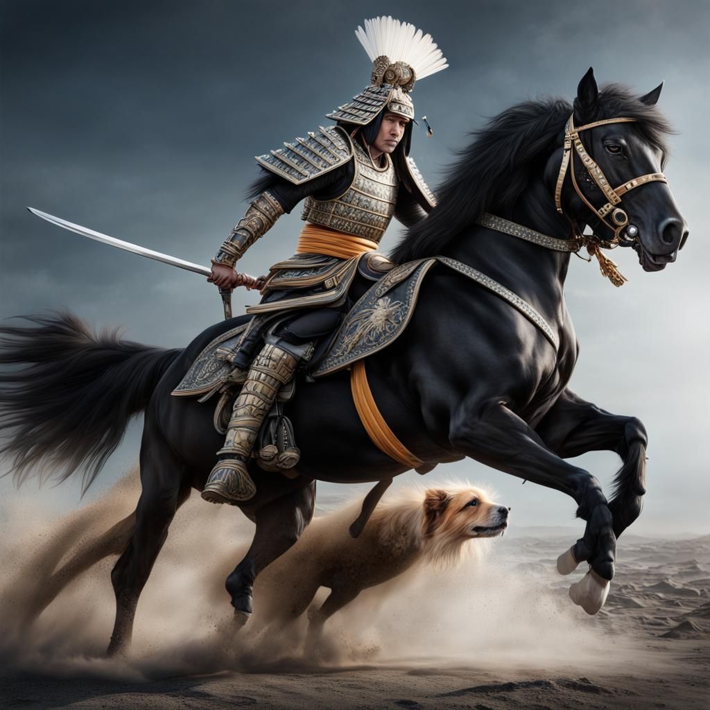 Samurai Warrior on Horseback with Mastiff, Hyperrealistic