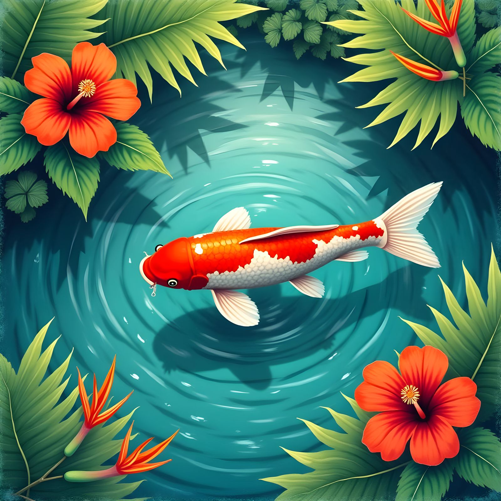 Watercolor Koi Fish Pond with Tropical Flowers