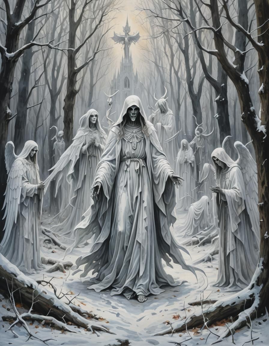 Eerie Gothic Scene: Veiled Figure in Winter Woods