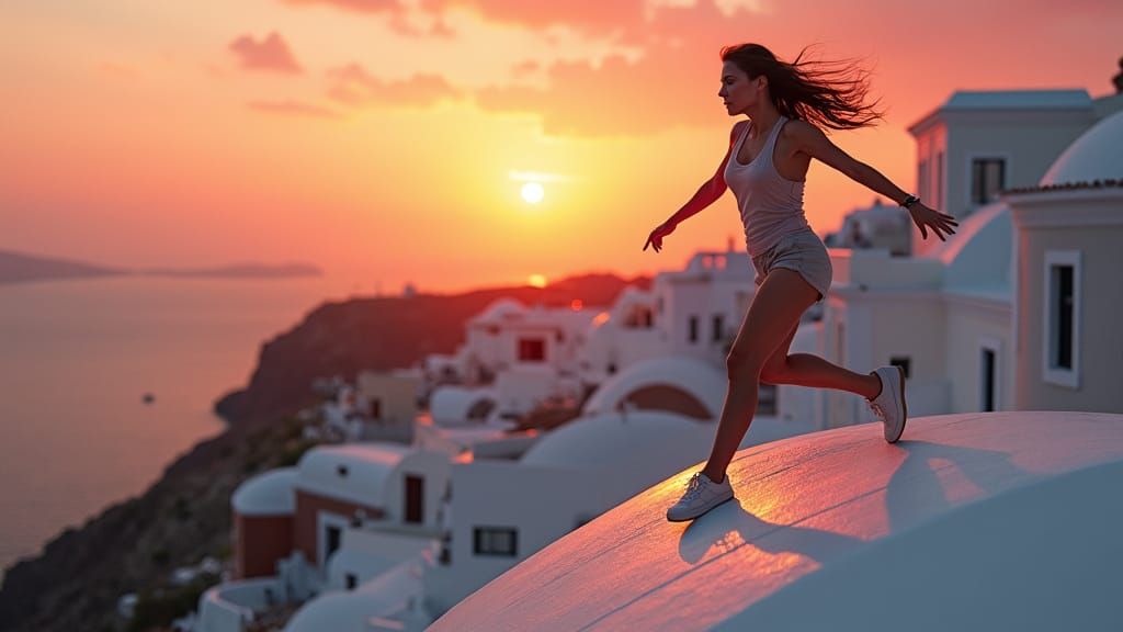 Rooftop Chase at Sunset in Santorini