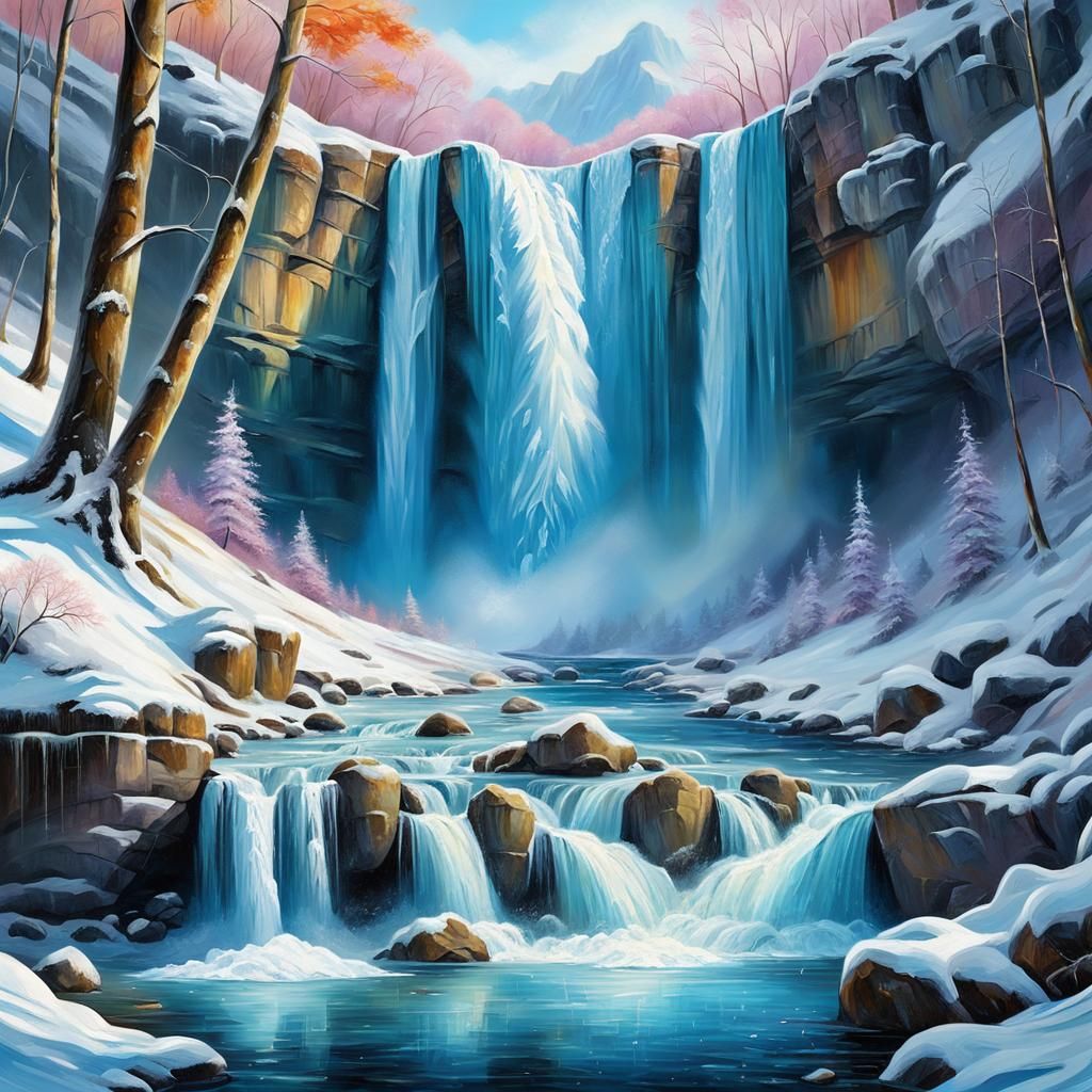 Hyperdetailed Frozen Waterfall Oil Painting in Vivid Colors