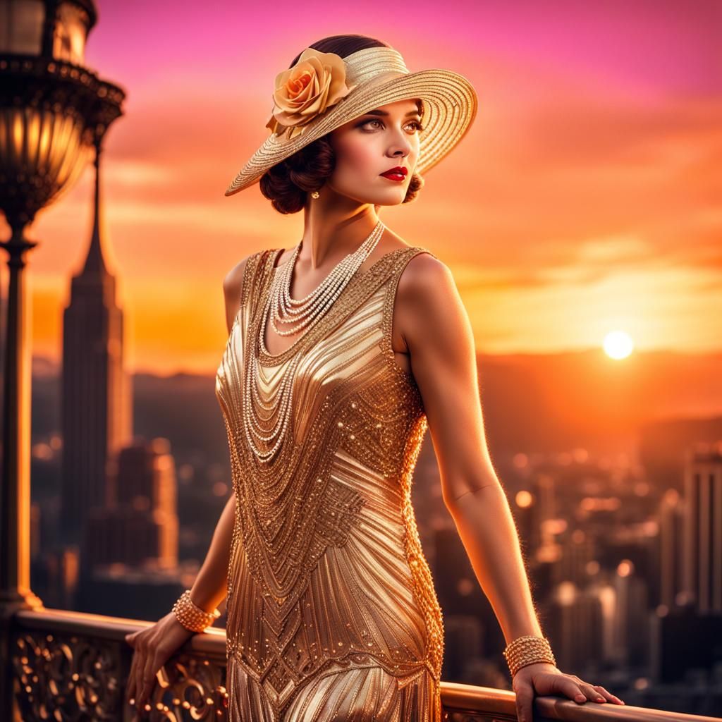 Gatsby Woman in Gold Dress at Sunset