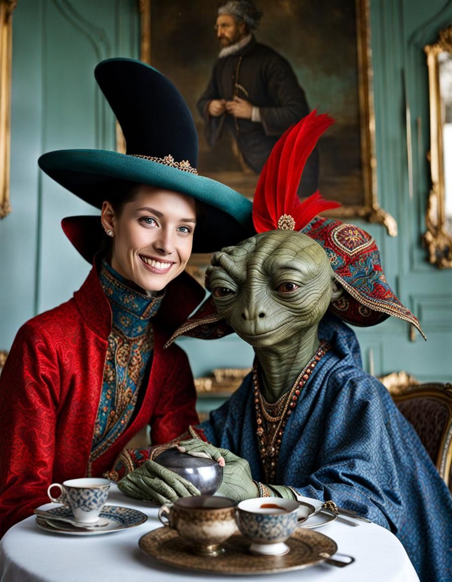 Surreal Restaurant Scene with Exotic Aliens, Professional Ph...