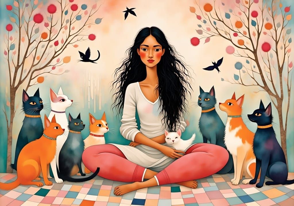 Indonesian Woman Surrounded by Cats in Surreal Folk Art