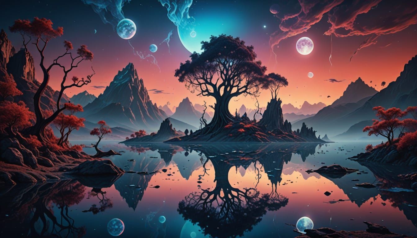 Surrealist Landscape with Majestic, Translucent Creatures