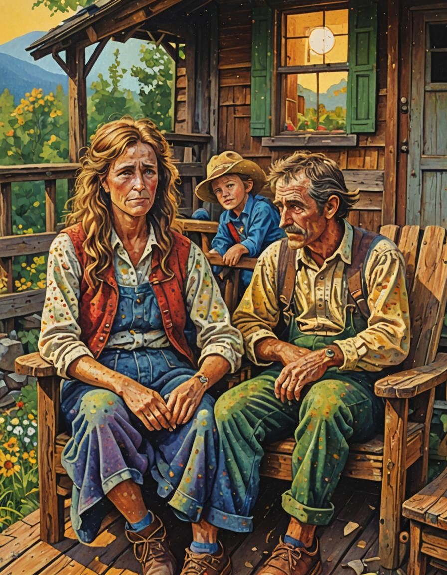 Hillbilly Family in Pointillism Art Style