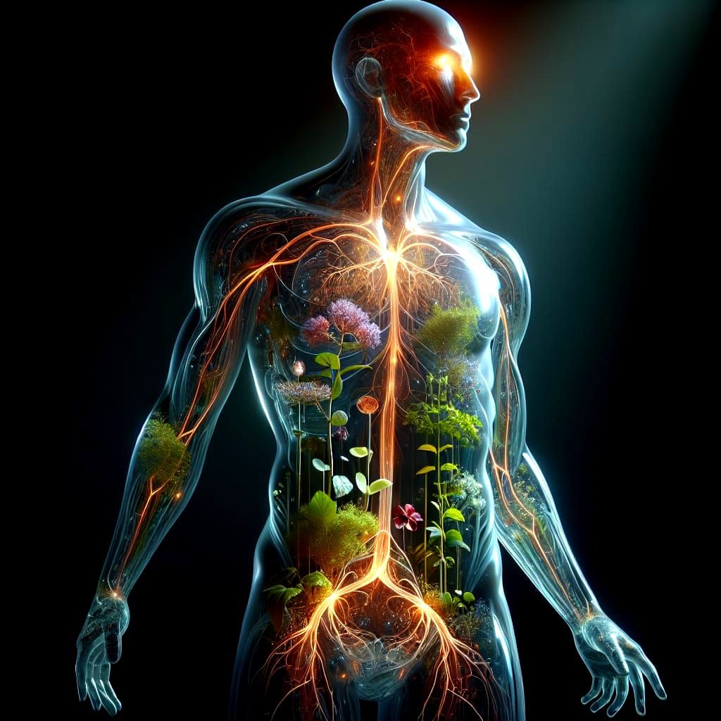 Glass Human Nature Fusion in Futuristic Dark Aura