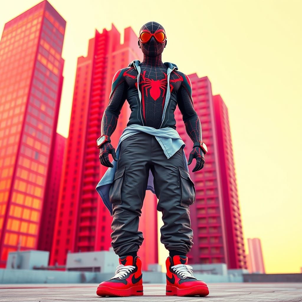 Cyberpunk Spider-Man Urban Hero in Neon Red and Black Suit
