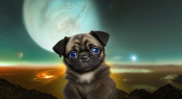 Cute Pug Puppy in Fantasy Night Sky