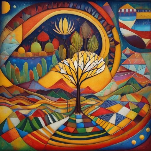 Vibrant Encaustic Landscape in Abstract Expressionist Style