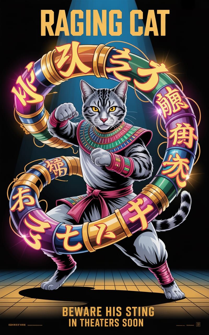 Feline Kickboxer Movie Poster with Egyptian Mau Cat