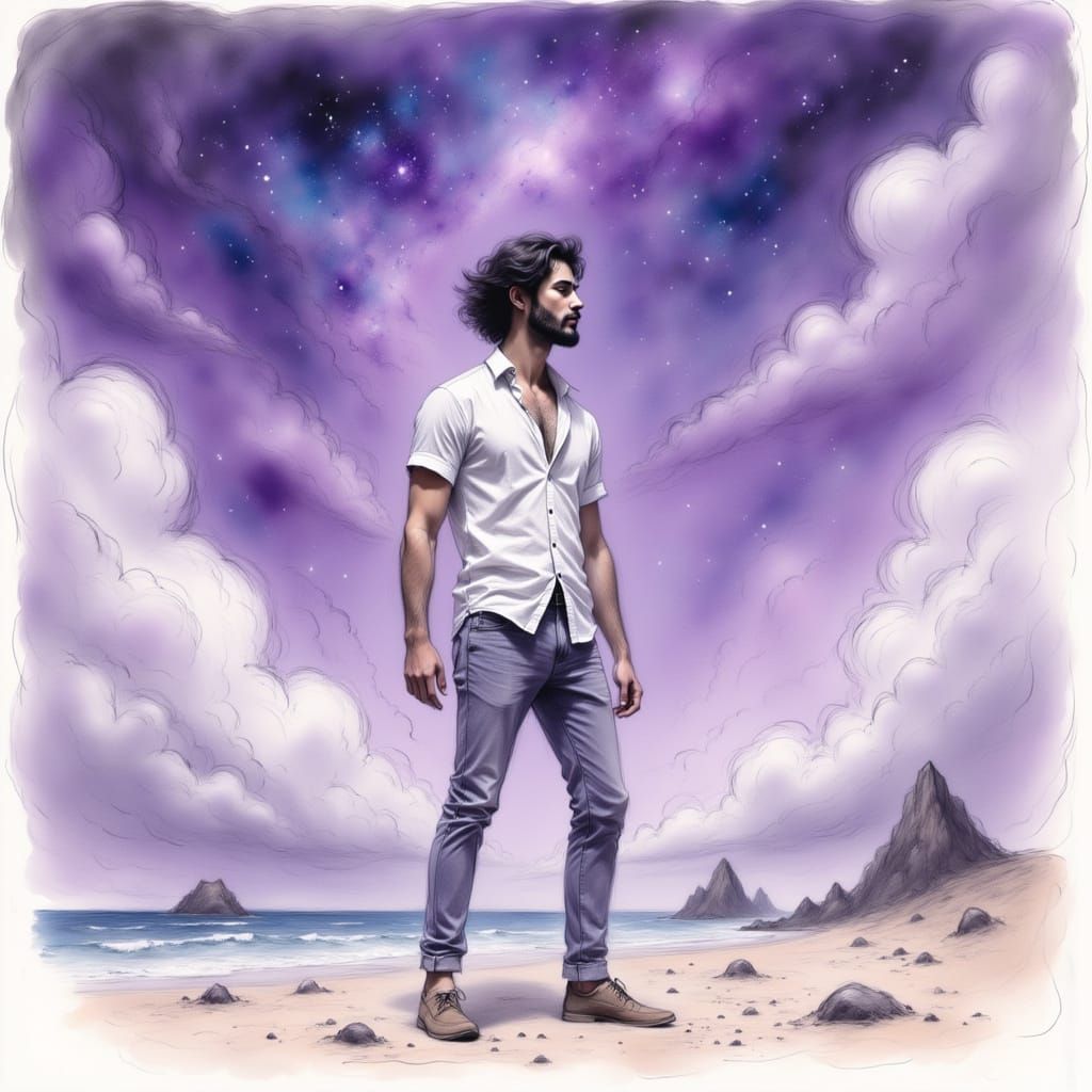 Handsome Man on Alien Beach Landscape in Boris Vallejo Style