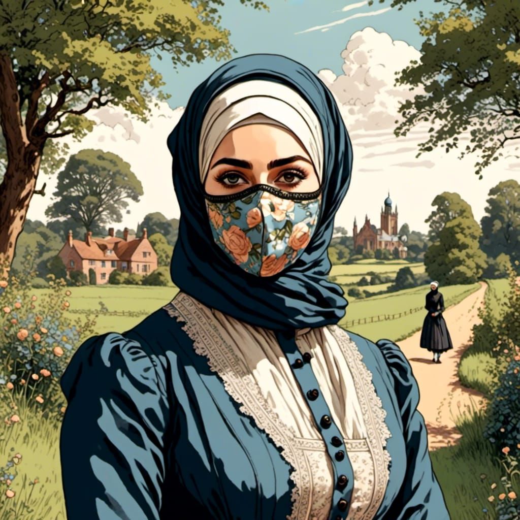 Victorian Hijabi in Countryside: Comic Book Art
