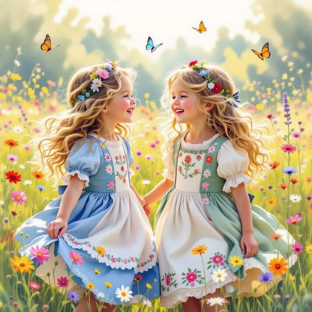 Girls in Medieval Dresses Twirling in Meadow