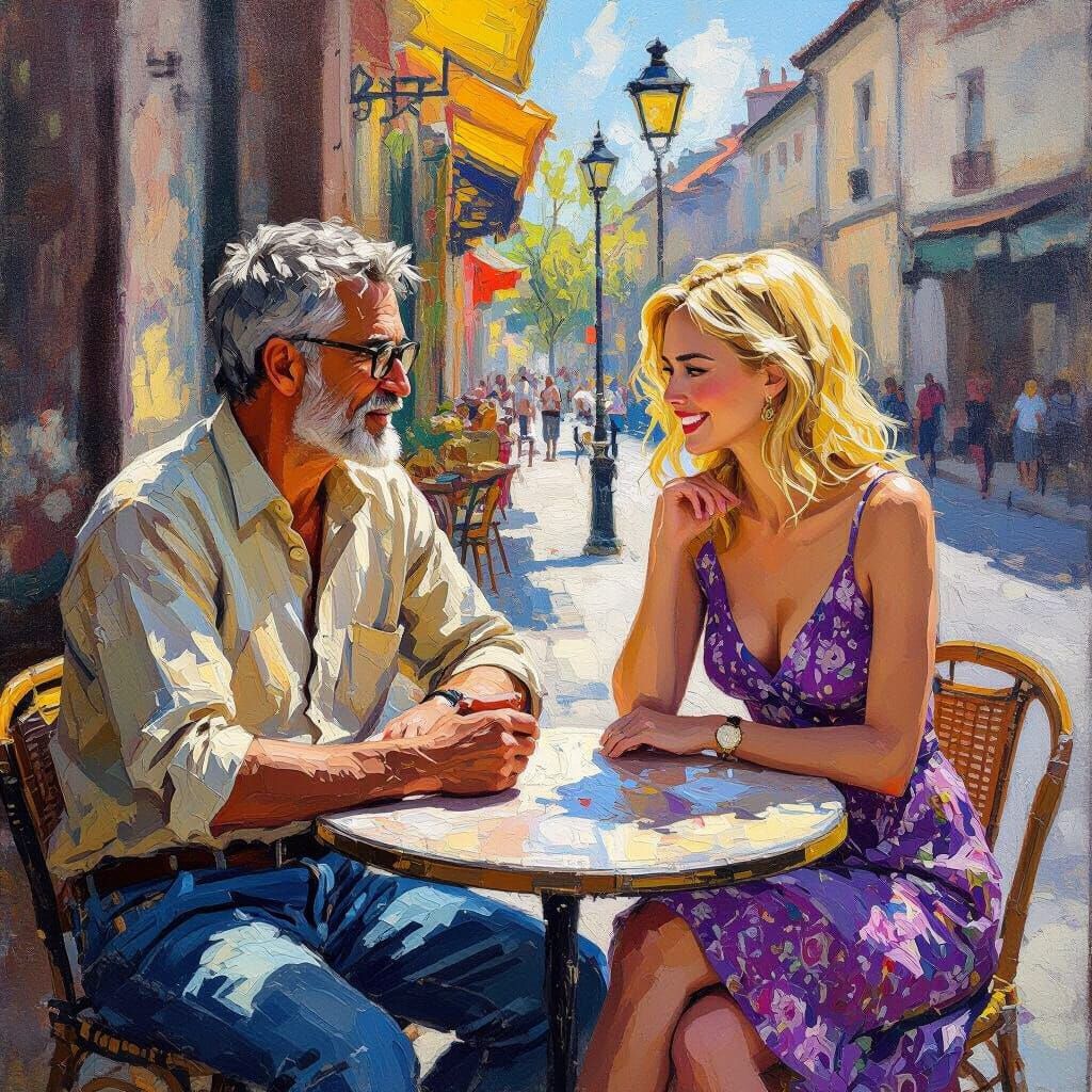 Cafe Conversation in Impasto Style
