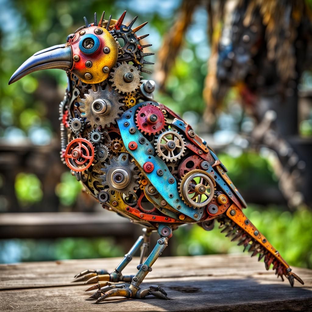 Colorful Scrap Metal Tropical Bird, Hyperrealistic Image