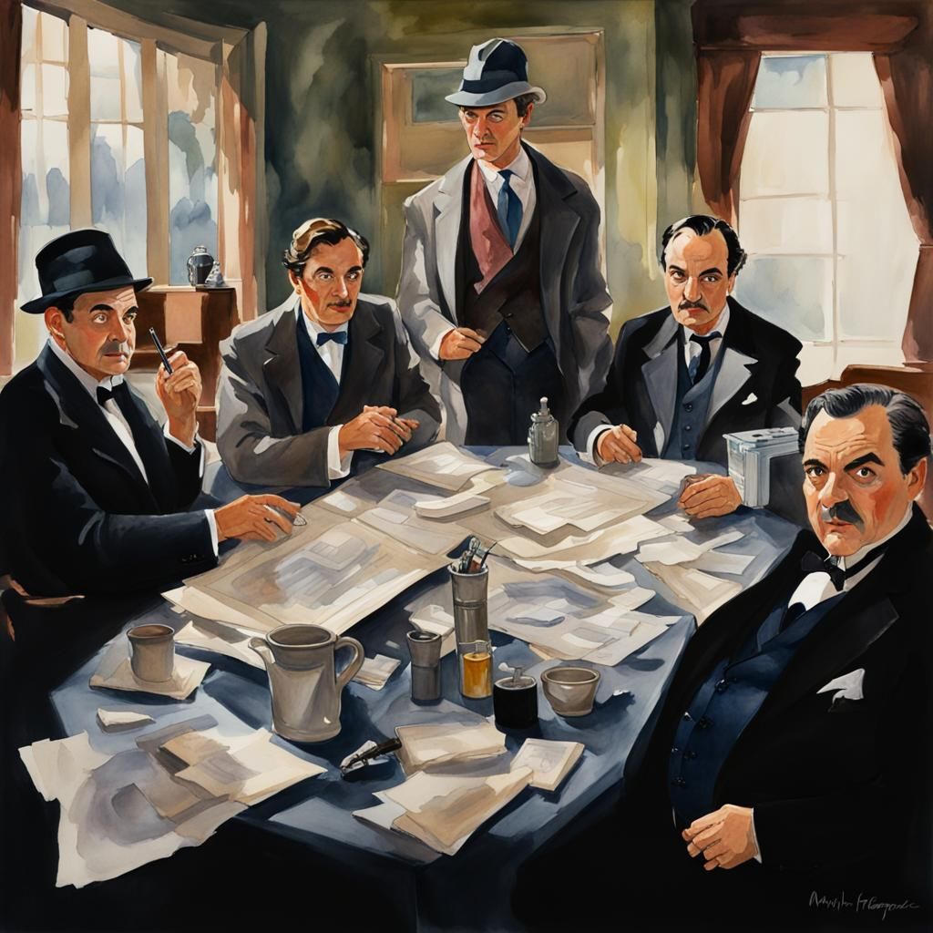 Sherlock Holmes, Hercule Poirot, Philip Marlowe, Columbo, and Sam Spade get together in a smoke filled room to solve the...