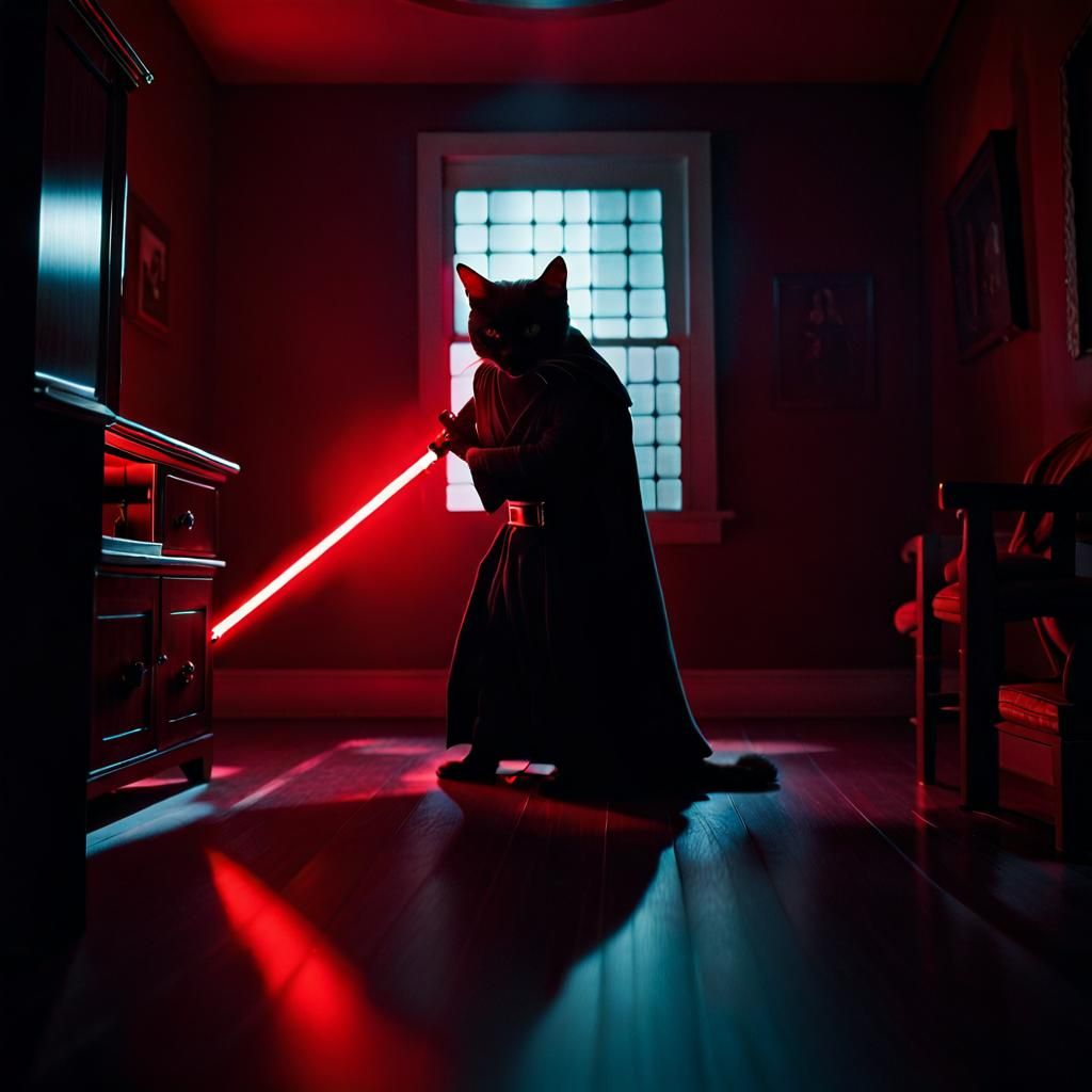 Dark Jedi Cat with Lightsaber in Low-Poly Style