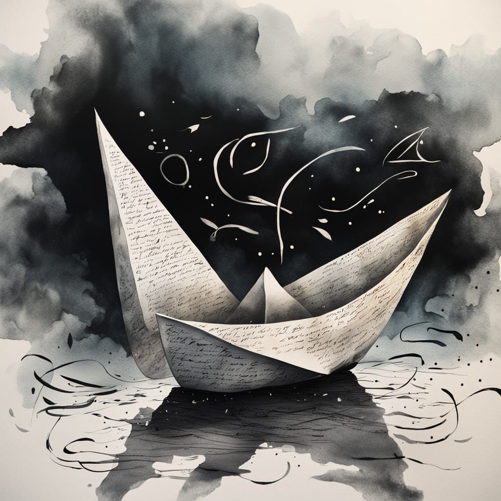 Delicate Paper Boat on Sea of Ink