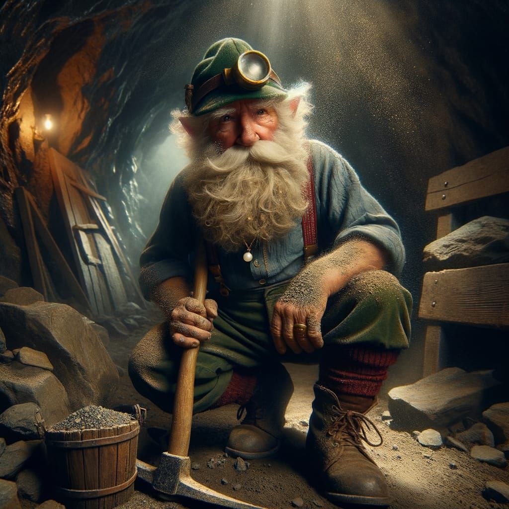 Elderly Dwarf Miner with Pickaxe in Cave