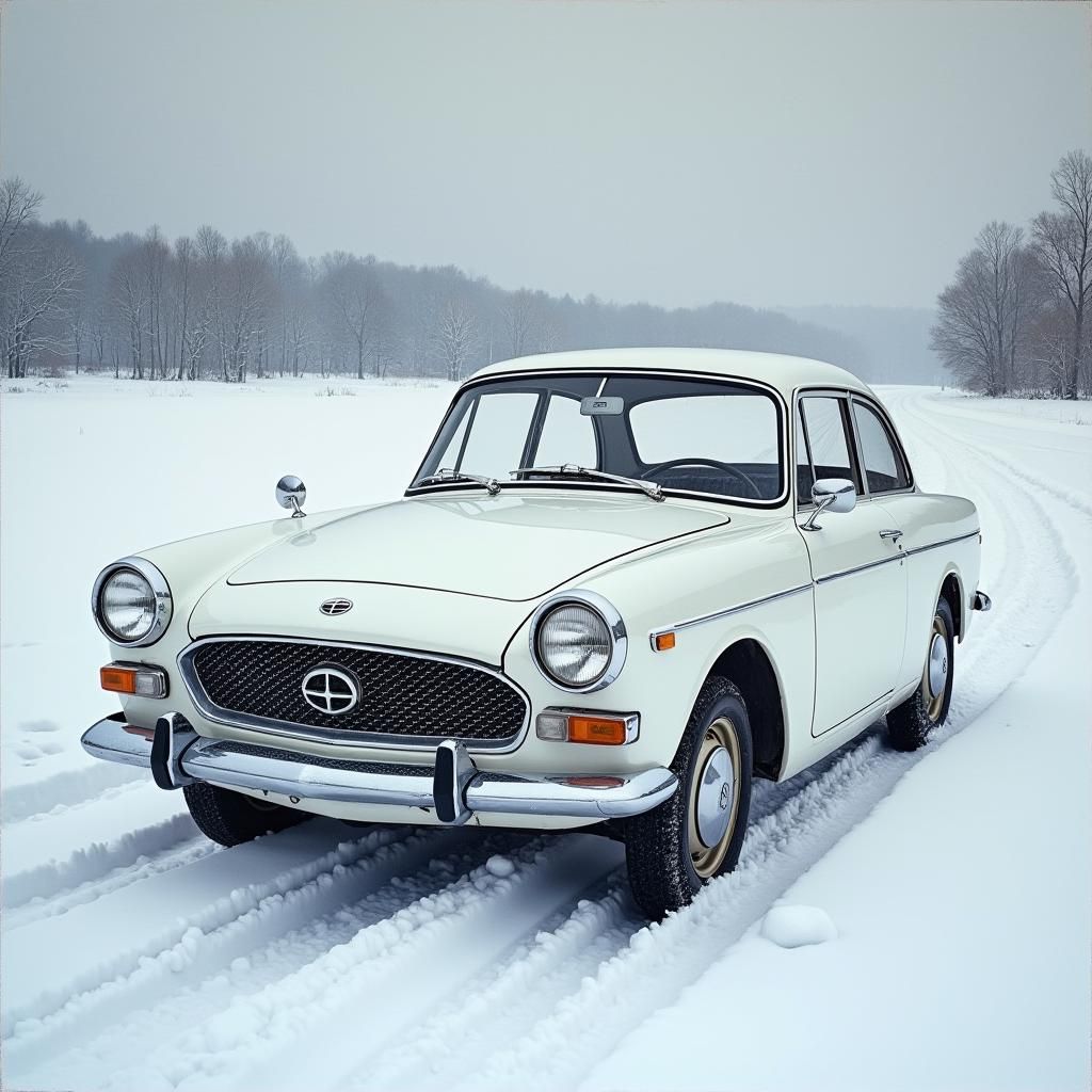 Vintage Subaru 360 in Snowy Landscape, Oil Painting