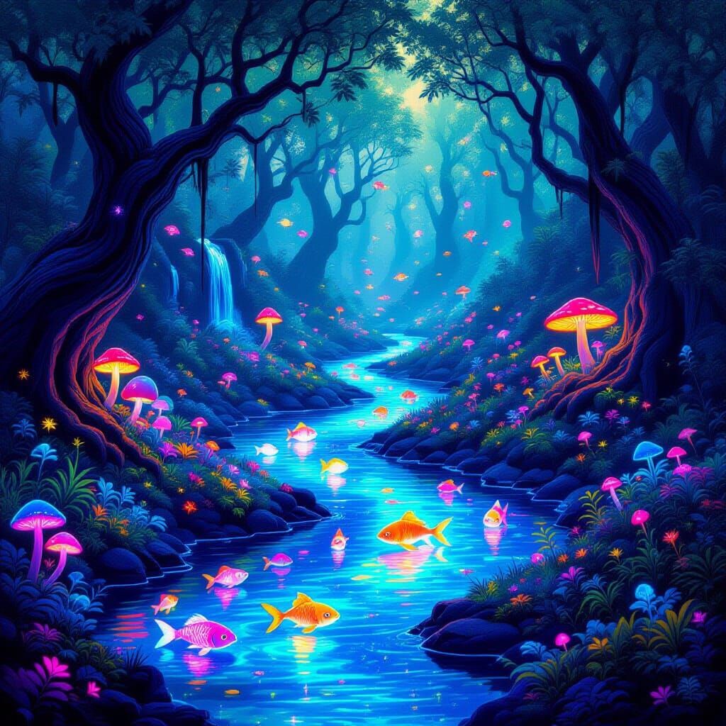 Rainbow Ecosystem with Mythical Glowing Life