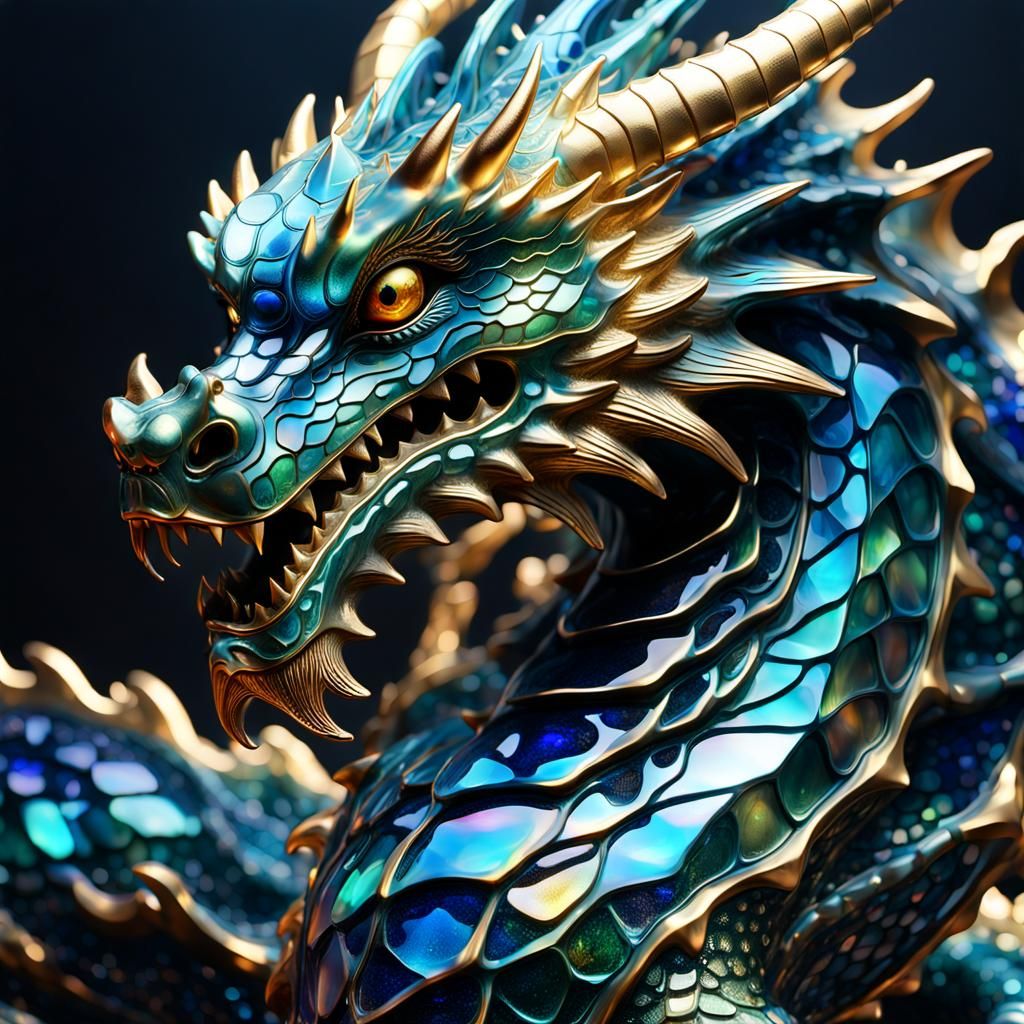 Translucent Blue and Gold Glass Dragon Statue