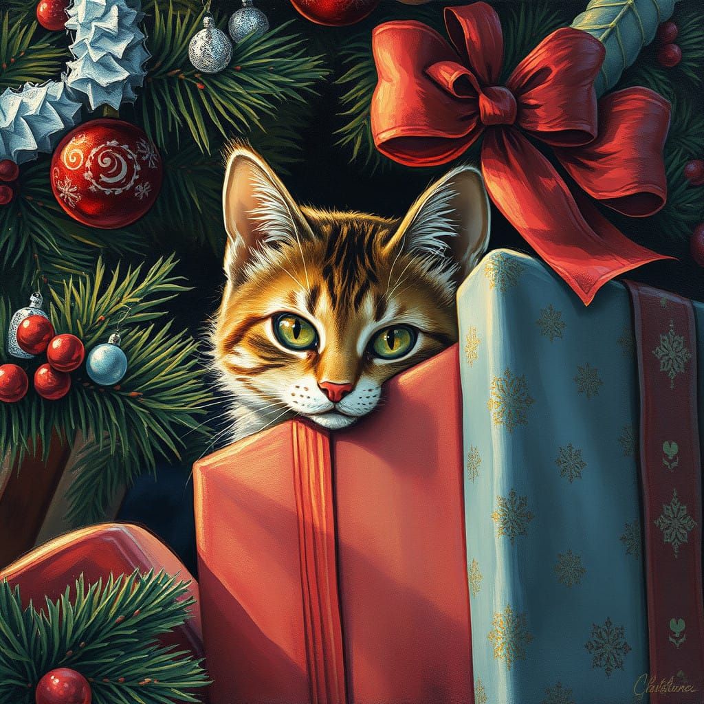Feline Christmas Surprise in Vibrant Oil-Ink Illustration