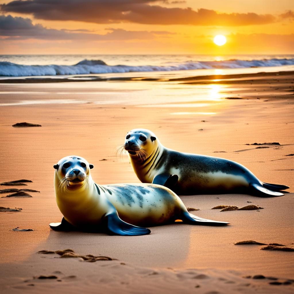 Seals Lounging on Beach at Sunset