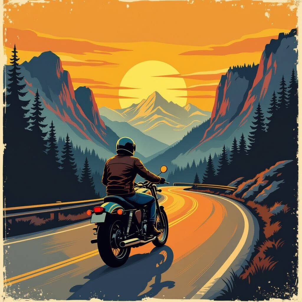 Motorcyclist on Mountain Road in Vintage Poster Style
