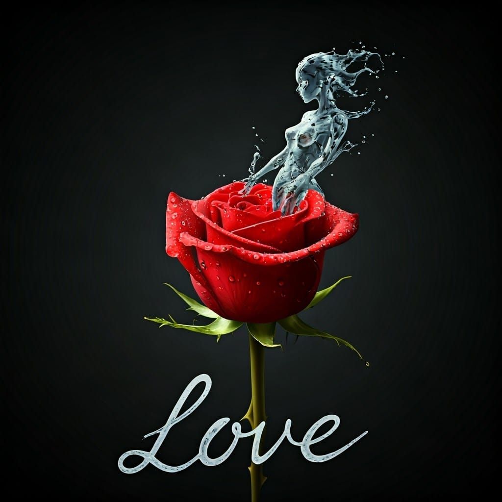 Water Goddess Emerges from a Blooming Rose in a Sea of Love