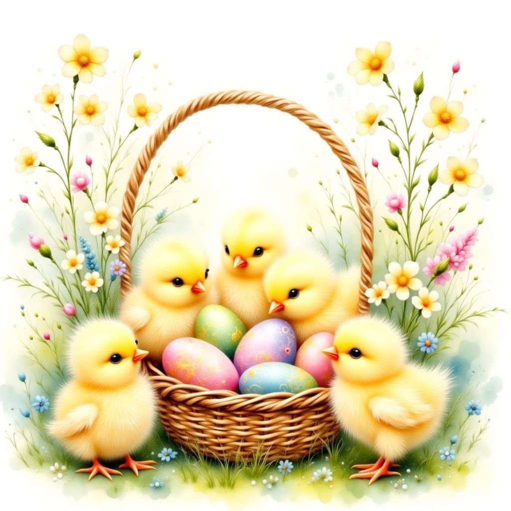 Cute little yellow chicks surround a basket of pastel-colore...