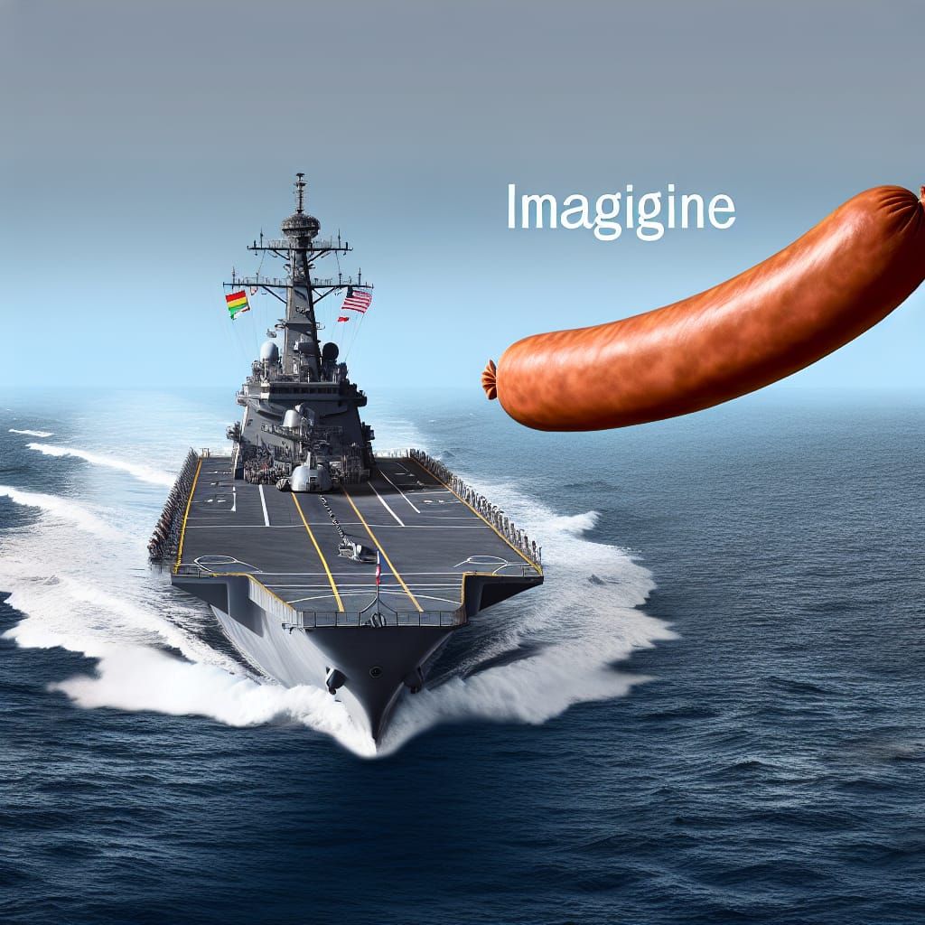 Humorous Maritime Scene: Navy Vessel and Giant Sausage