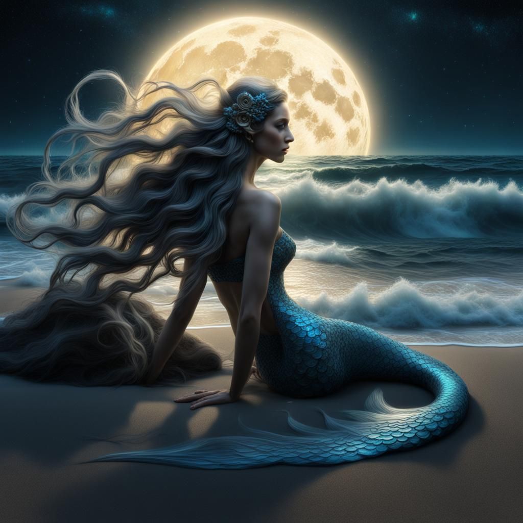 Fractal Mermaid Lounging on a Starry Beach