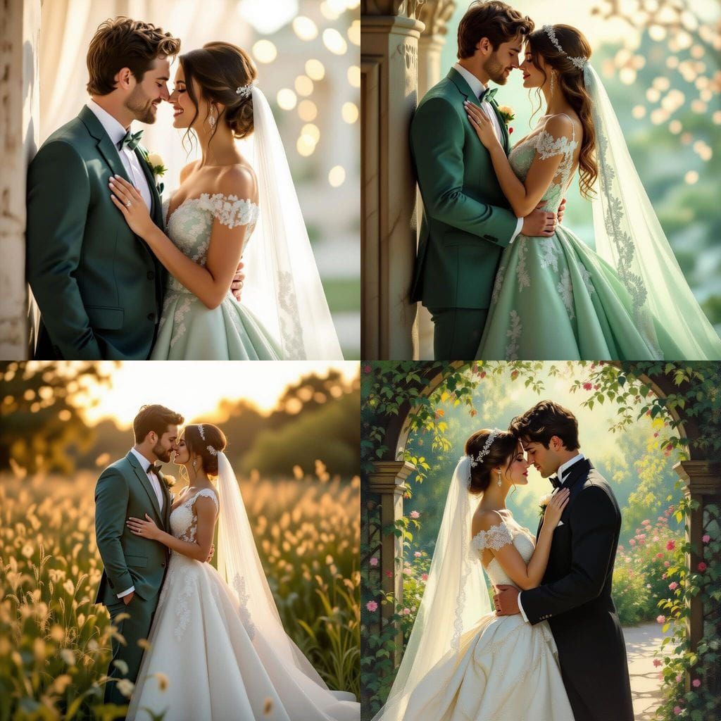 Couple in Matching Green Wedding Attire Kissing