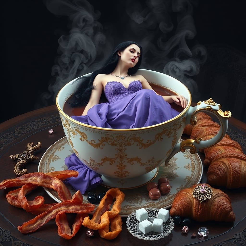 Woman Bathes in Coffee Cup with Baroque Details