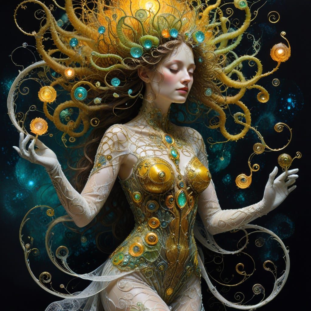 Incandescent Goddess in Spectral Dreamscape, Mixed Media