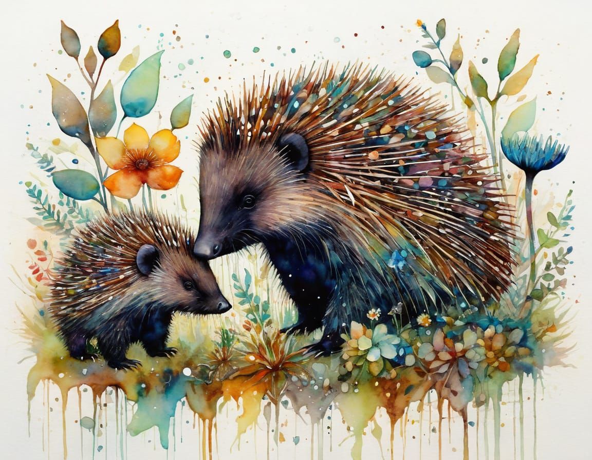 Echidna and Mother in Abstract Floral Landscape