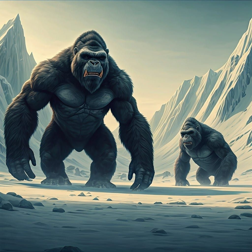 Arctic Ape-like Creatures Hunt in Frozen Wilderness