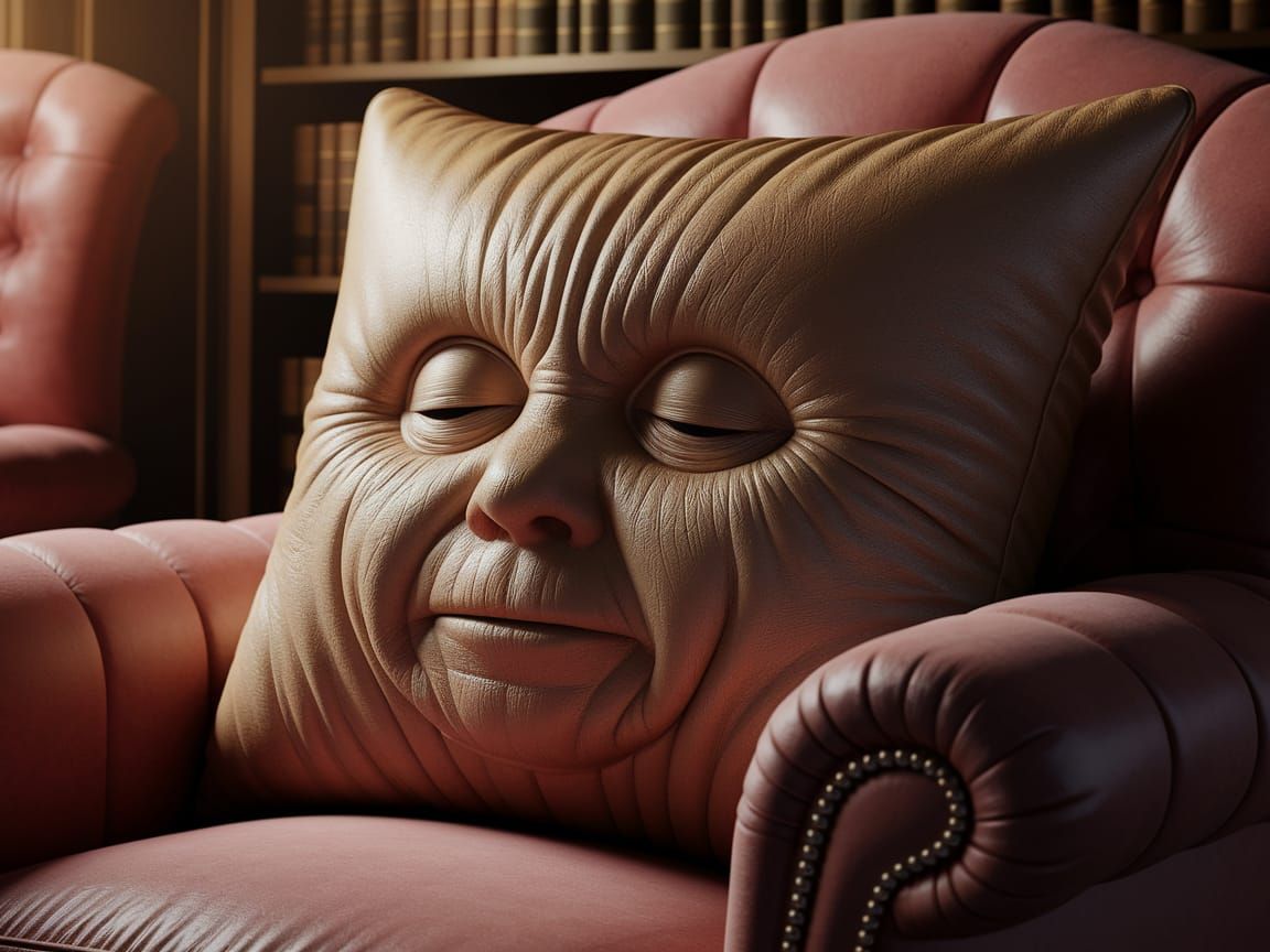 Anthropomorphic Leather Cushion with Sleepy Eyes in Library