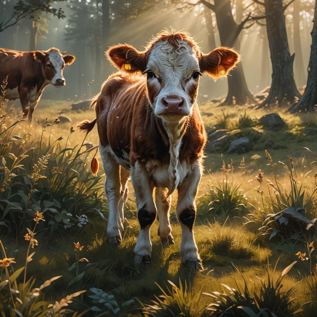 Newborn Calf in Meadow: 3D Digital Art
