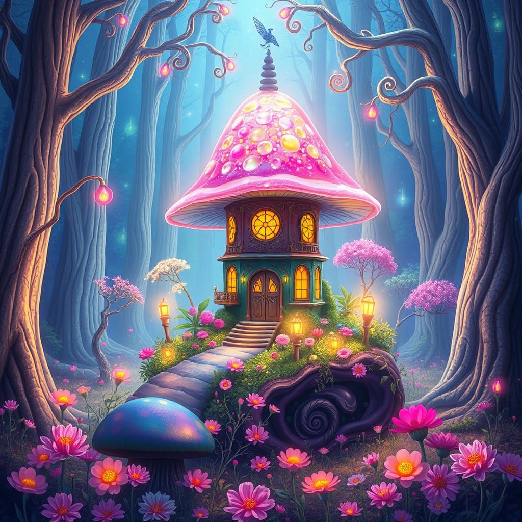 Ethereal Fairy Mansion Amidst Bioluminescent Forest