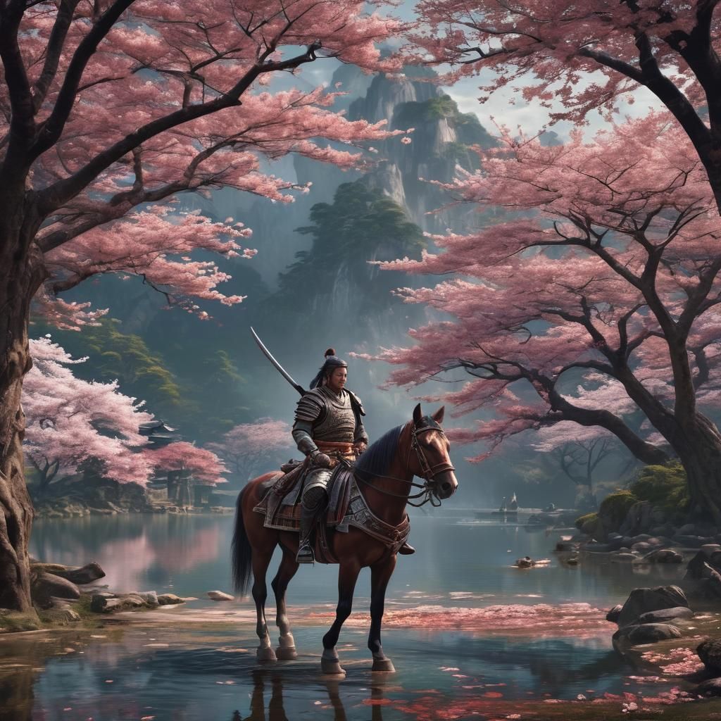 Ancient Warrior on Horseback with Sword and Sakura Trees