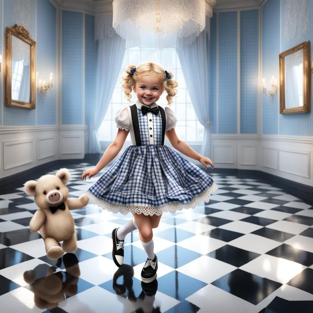 Hyperrealistic Girl and Teddy Bear Dance in Mirrored Room