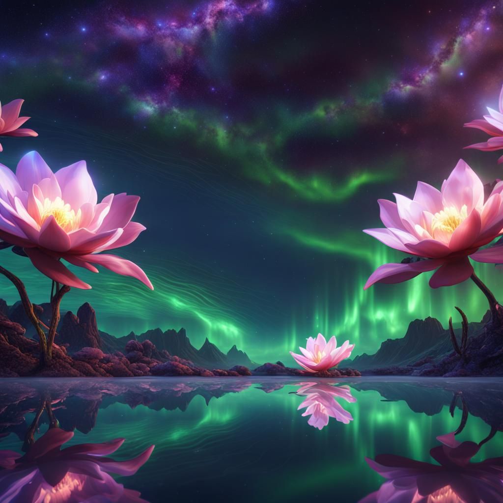 Sparkling Galaxy Flower Reflecting Aurora at Night