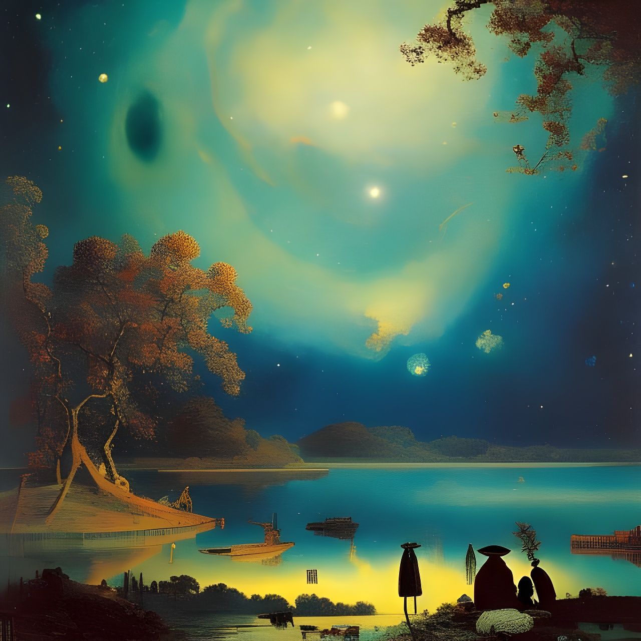 Surreal Starry Sky Reflecting in Lake, Vivid Colors