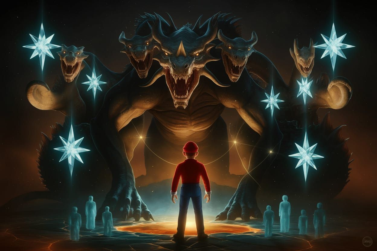 Colossal Five-Headed Dragon Confronts Mario at Earth's Core